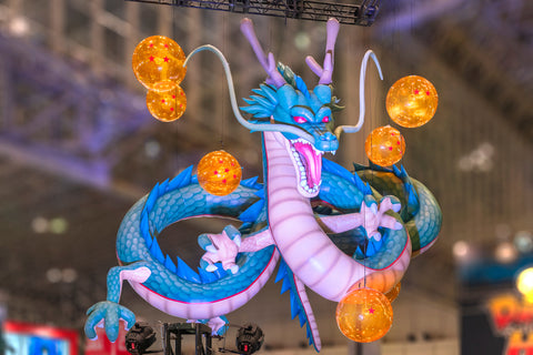 Huge inflatable structure depicting the dragon Shenron from the anime and manga series of Dragon Ball floating under the ceiling of the anime convention