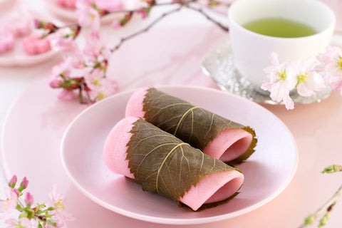 Japanese traditional sweets, Sakura Mochi wrapped with salted cherry leaves. Kanto-style or Chōmeiji