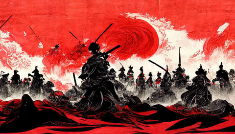 Anime style, Japanese samurai army fighting with enemy, large scene, battlefield, in Japanese black outline style and colors
