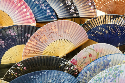 Japanese traditional sensu fans in different patterns