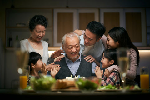happy three generation asian family celebrate father's day at home, not a national holiday