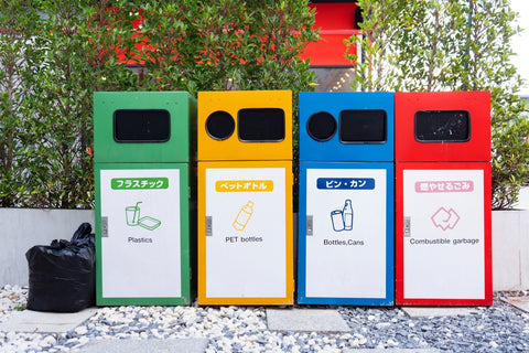 classified waste bins or Different colored bins for collection of recycle materials with language Japanese and English, represent part of the word mottainai