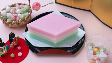 Unique mochi is tri-colored and cut into the shape of a diamond