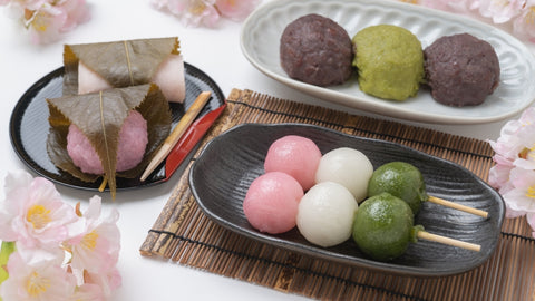 Sakura mochi, three-color dumplings (Hanami Dango), and botamochi. An image of spring Japanese sweets.