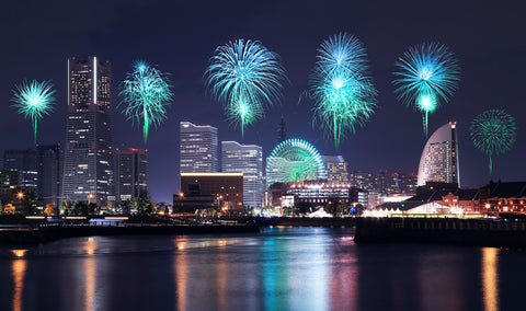 Fireworks celebrating over marina bay in Yokohama City, Japan