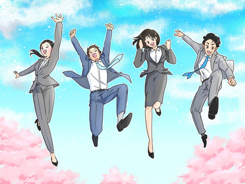 Clip art of man and woman in suits jumping against a background of blue sky and cherry blossoms.