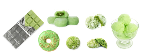 Variety of Tasty Matcha Flavored Snacks (Chocolate, donuts, mochi, cookies, ice cream)