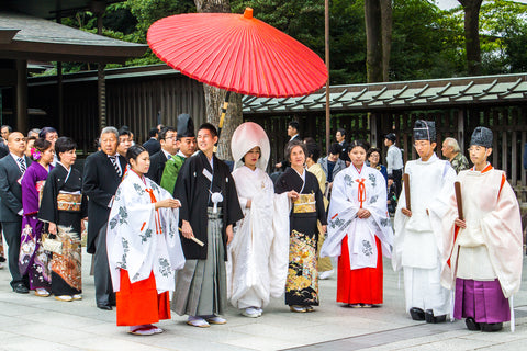 Celebration of a typical Shinto wedding at Meiji Jingu Shrine in Tokyo, Japan