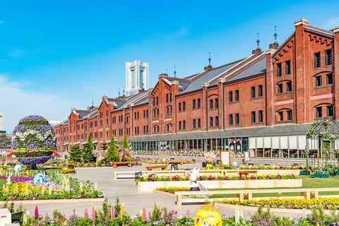 Red Brick Warehouse with flowers at Red brick park in Yokohama, Japan