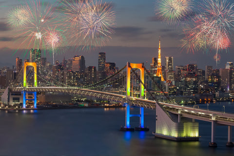 okyo bay city view and Tokyo rainbow bridge with beautiful fireworks