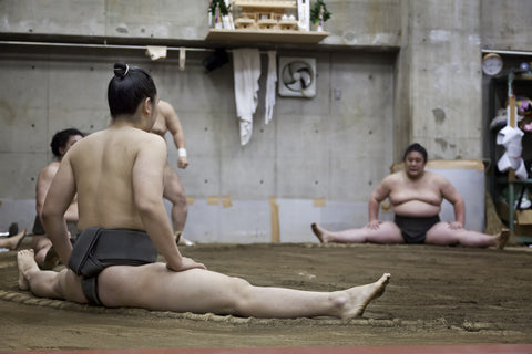 Japanese sumo wrestler training in their stall in Tokyo
