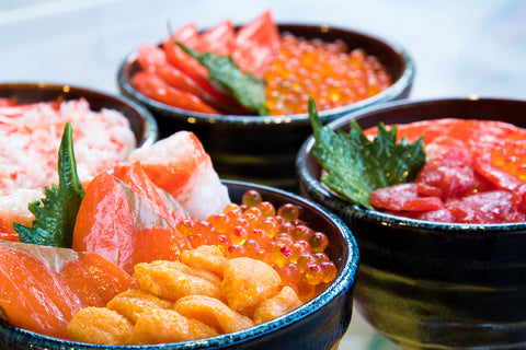 Salmon and ikura don, close up, seafood bowl Hokkaido Sapporo ,Japa