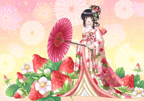 Strawberry kimono girl Japanese anime manga style illustration