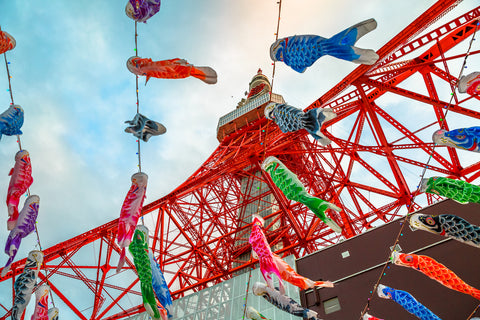 bottom view of colorful Koinobori at Tokyo Tower. Famous festivals