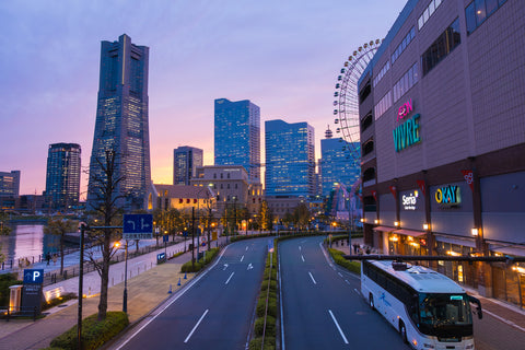 Cityscape of Yokohama, Minato mirai 21 colorful lighting from building in twilight