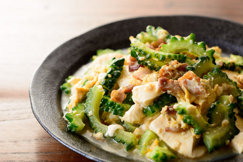 Japanese food, Goya Chanpuru, bitter melon stir-fried with pork, tofu and egg