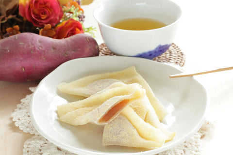 Fresh yatsuhashi is typically shaped into triangles and flavored with cinnamon or matcha