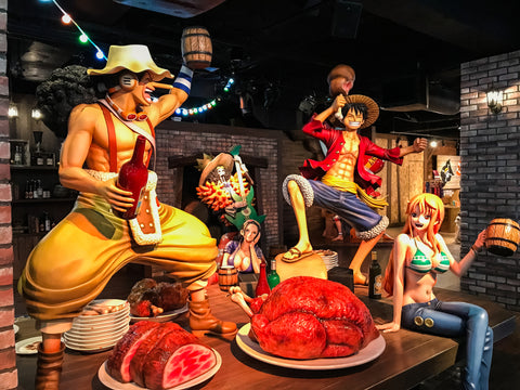 Visiting Tokyo One Piece Tower theme park, with real-sized model of key characters displayed inside