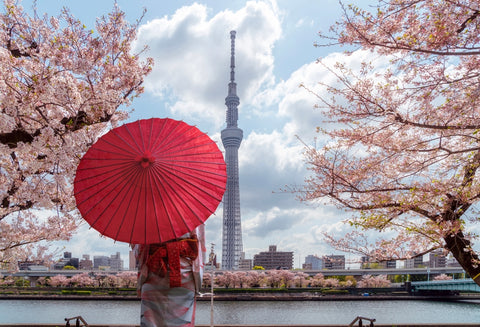 okyo skytree tower with sakura pink cherry blossom flower on spring season. Best panoramic view