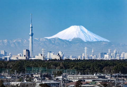 Tokyo sky tree with Tokyo downtown building and Winter Mountain fuji in background.