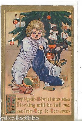 Christmas Post Card-Girl with Stocking-Marion Miller - Cakcollectibles - Christmas Post Cards