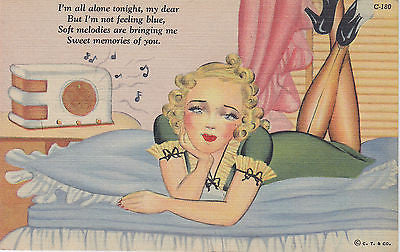 "I'm All Alone Tonight" Linen Comic Postcard - Cakcollectibles
