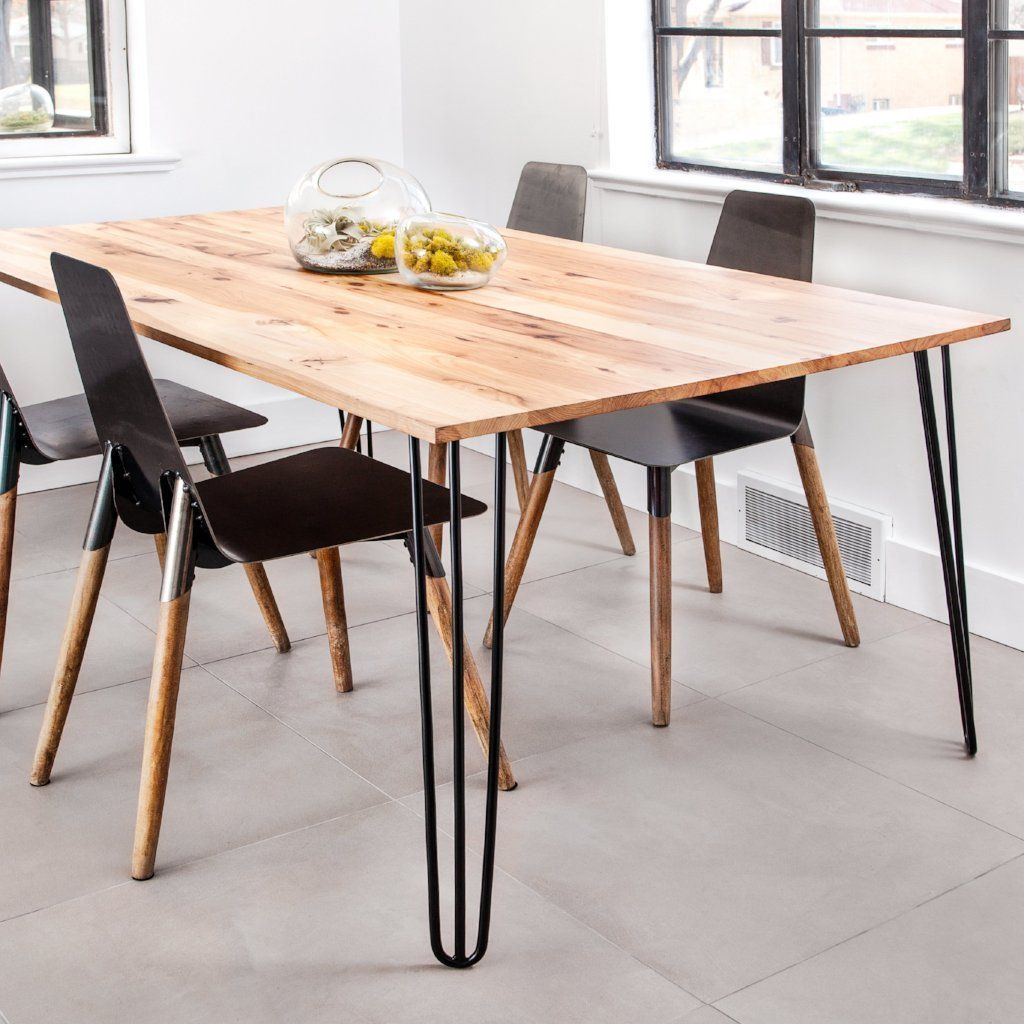 wood table with hairpin legs