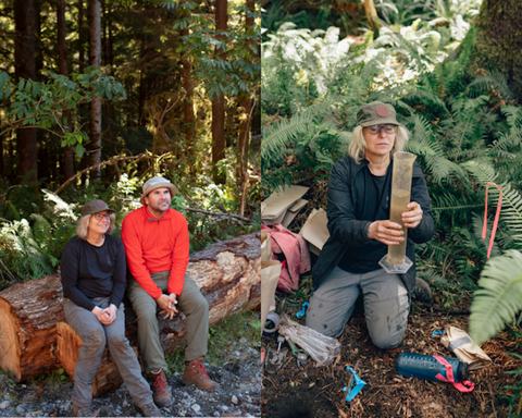 Left: Dr. Suzanne Simard and Rande Cook sit together on a felled log; right: Dr. Suzanne Simard measures the moisture in the soil
