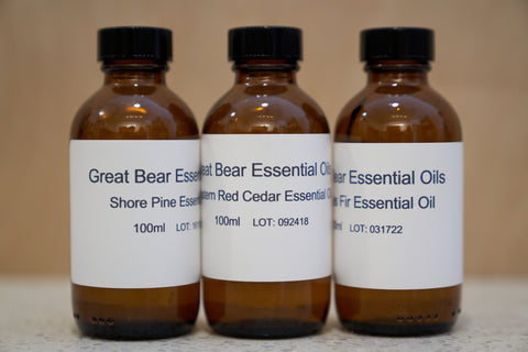 Great Bear Essential Oils from left to right: Shore Pine, Western Red Cedar, and Douglas Fir