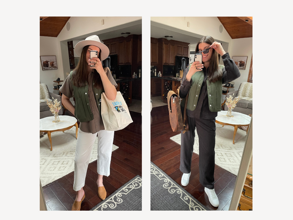 Sustainable stylist Jaclyn Patterson wears the ecologyst Quilted Wool Vest, ecologyst Tencel Shirt, ecologyst Light Wool Pants, and ecologyst Light Wool Shirt 