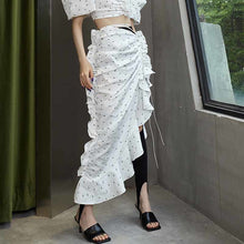 Load image into Gallery viewer, Vintage White Print Ruched Sashed Maxi Skirt
