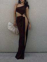 Load image into Gallery viewer, Diagonal Collar Sleeve Cut Out Split Maxi Dress
