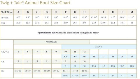 Twig + Tale Boot Size Chart - Digital Downloadable Sewing Pattern made in New Zealand