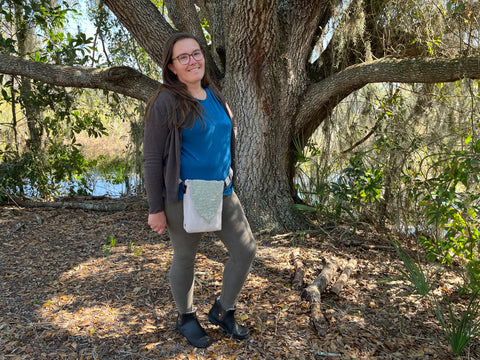 The finished Leaf Satchel is worn around the hips as a hands-free way to carry everything!