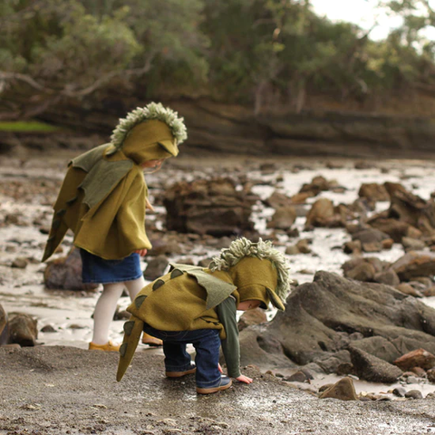 Dragon Traveller Cape and Pathfinder Vest from recycled materials, on the beach in New Zealand