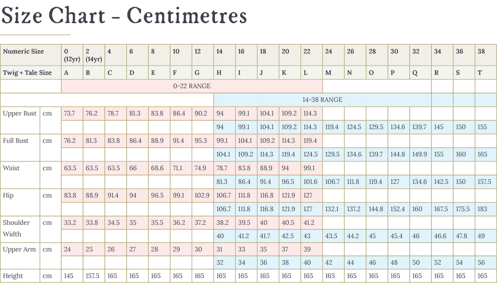 Twig + Tale Sewing Patterns Size Chart - Metric