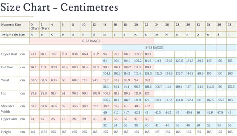 Size Chart - Twig + Tale PDF Sewing Patterns - Centimetres