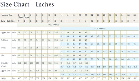 Size Chart - Twig + Tale PDF Sewing Patterns - Inches