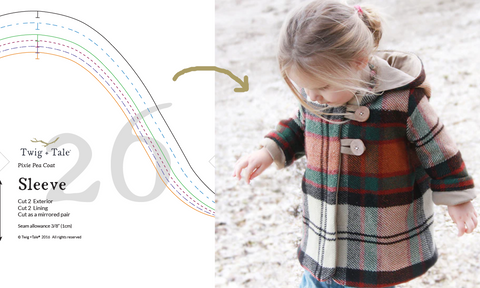 Left: a screenshot of a PDF pattern  - Right: a finished Pixie Pea Coat