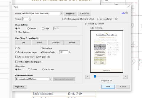A Print dialog shows, with examples of proper print settings