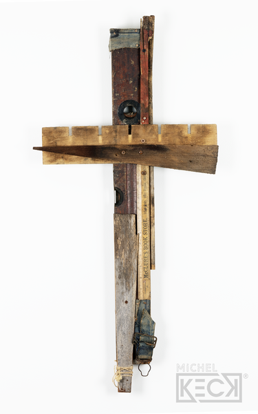 Original cross art assemblage made from junk and found objects