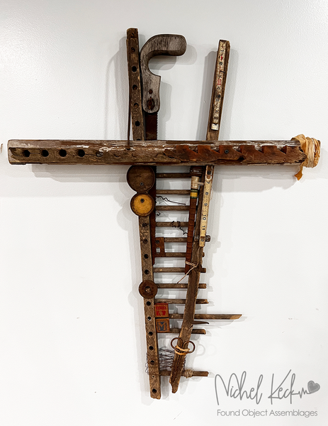 Christian themed found object art.  Cross artwork by artist Michel Keck.  Crosses and crucifixes made from junk / trash, reclaimed wood, reclaimed metal, recycled items