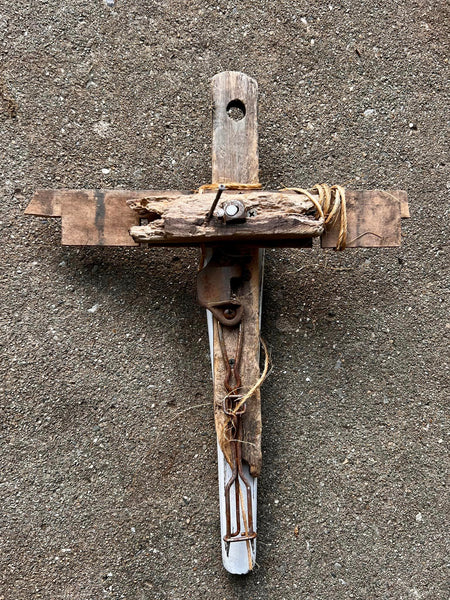Making Cross Art assemblages with found objects and repurposed wood and metal. Crucifix and cross art