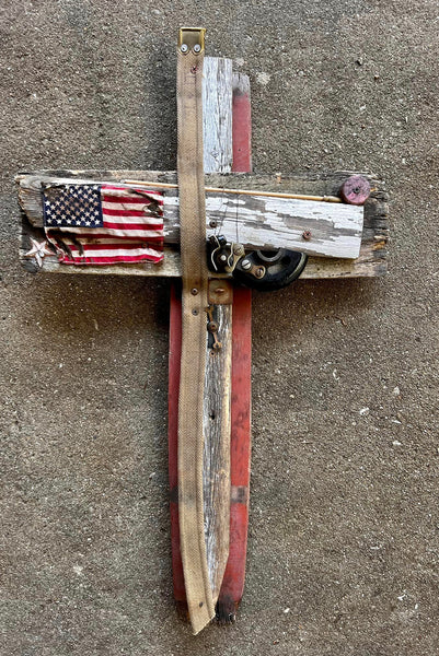 God Bless America Cross | USA Crosses made by Michel Keck - Cross Art Assemblage with American Flag