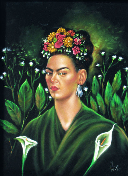 Frida Kahlo Portrait Original Oil Painting on Black Velvet by Enrique