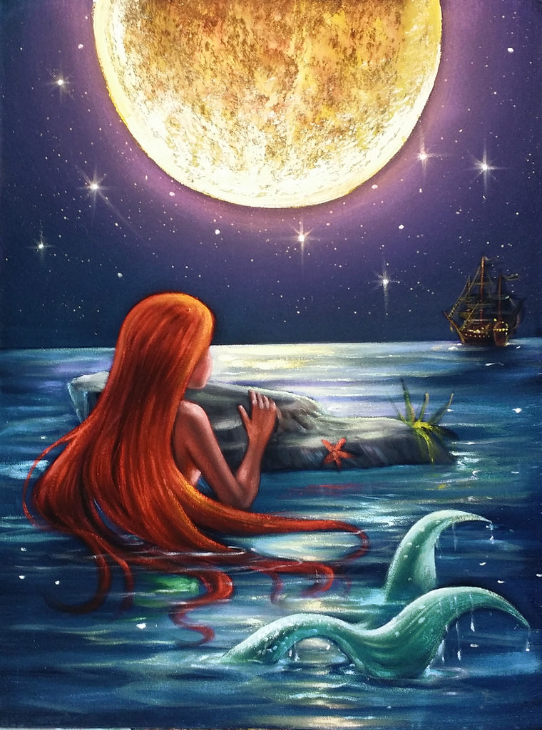 The Little Mermaid, Ariel; Original Oil painting on Black Velvet by Sa