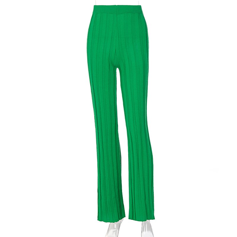 Women Autumn Winter High Waist Knitted Straight Green Long Pants Bottoms Fall Clothes Items