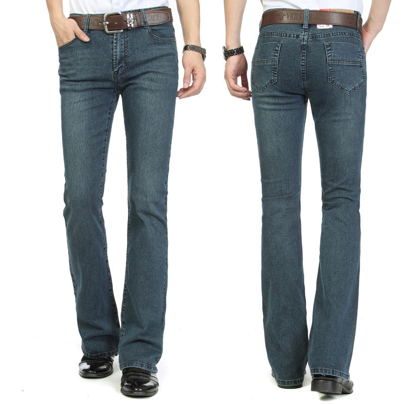Mens Business Casual Pants Male Mid Waist Elastic Slim Boot Cut Semi-Flared Four Seasons Bell Bottom Jeans
