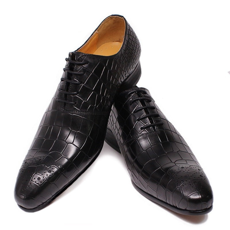 Men Luxury Brand Shoes Real Leather Black Red Crocodile Lace Up Pointed Toe Office Wedding Formal Dress Oxford Men Shoes