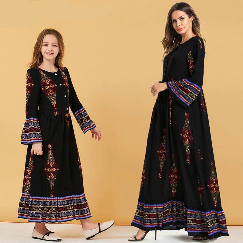 Mother Daughter Dresses Long Sleeve Ethnic Printing Long Dress